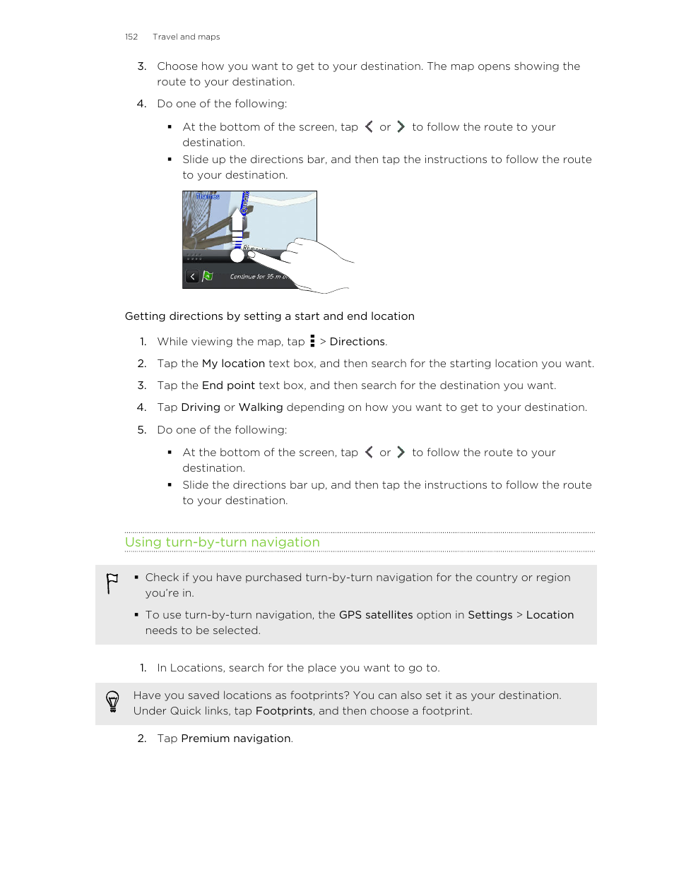 Using turn-by-turn navigation | HTC Butterfly User Manual | Page 152 / 211