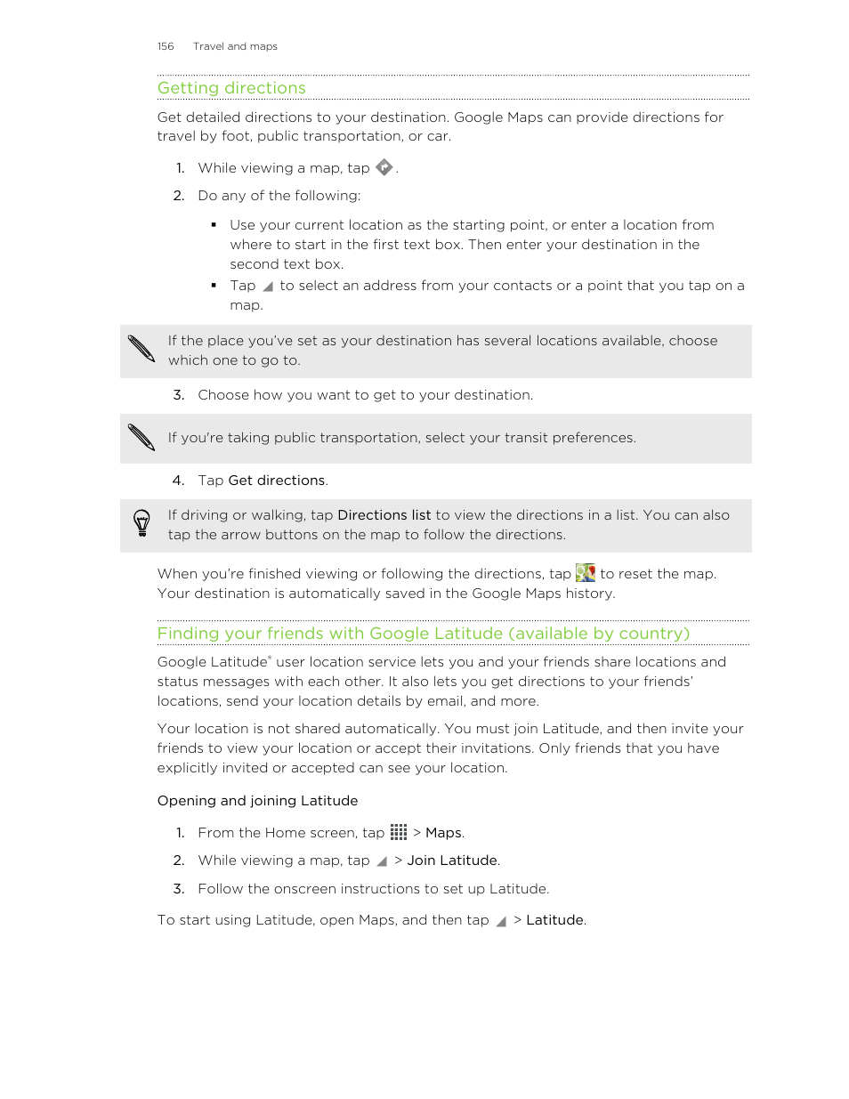 Getting directions, Opening and joining latitude | HTC Butterfly User Manual | Page 156 / 211