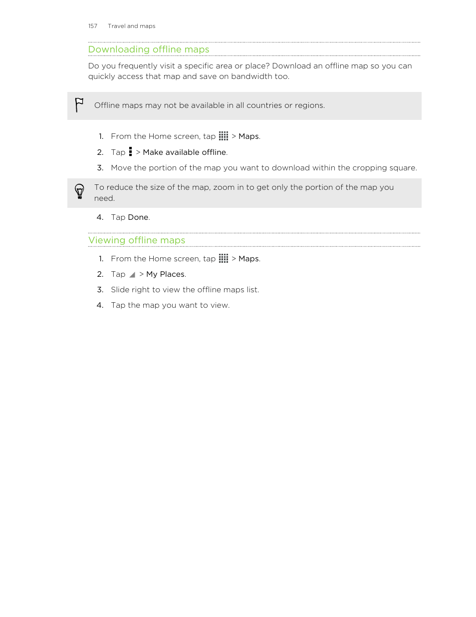 Downloading offline maps, Viewing offline maps | HTC Butterfly User Manual | Page 157 / 211