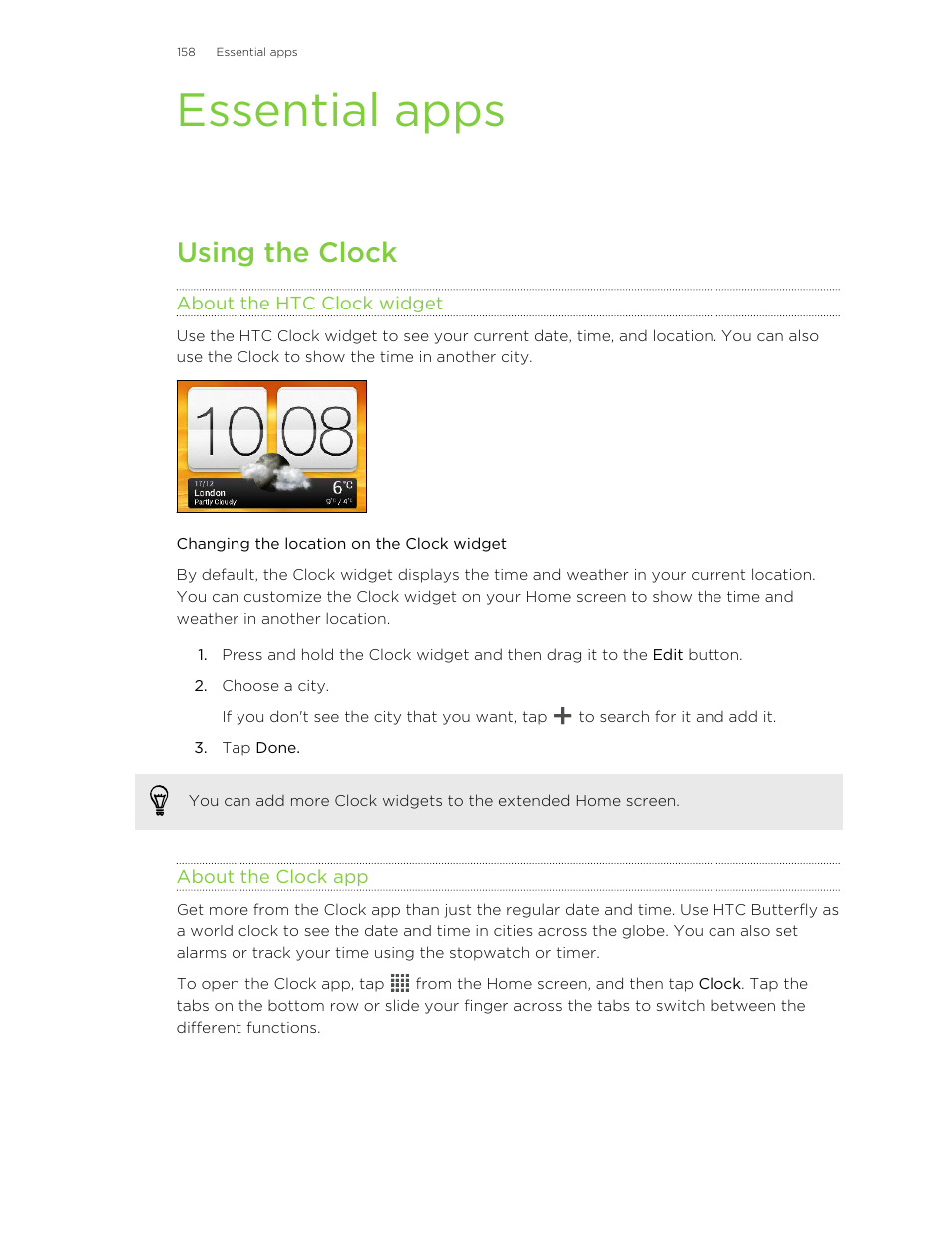 Essential apps, Using the clock, About the htc clock widget | Changing the location on the clock widget, About the clock app | HTC Butterfly User Manual | Page 158 / 211