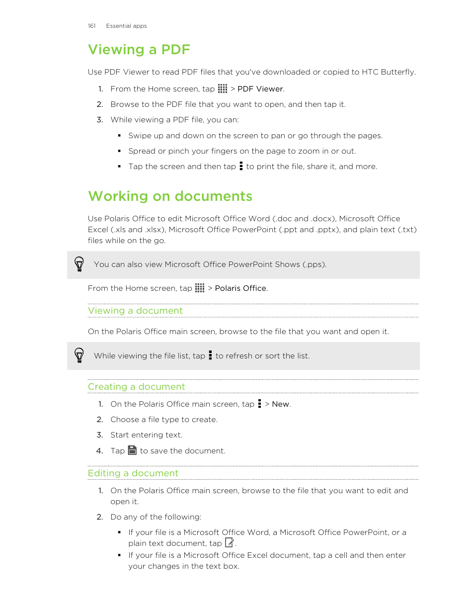 Viewing a pdf, Working on documents, Viewing a document | Creating a document, Editing a document | HTC Butterfly User Manual | Page 161 / 211