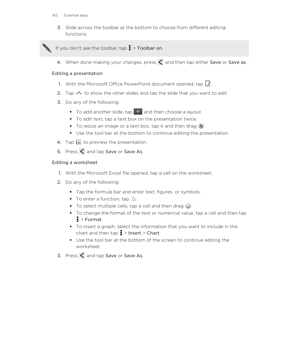 Editing a presentation, Editing a worksheet | HTC Butterfly User Manual | Page 162 / 211