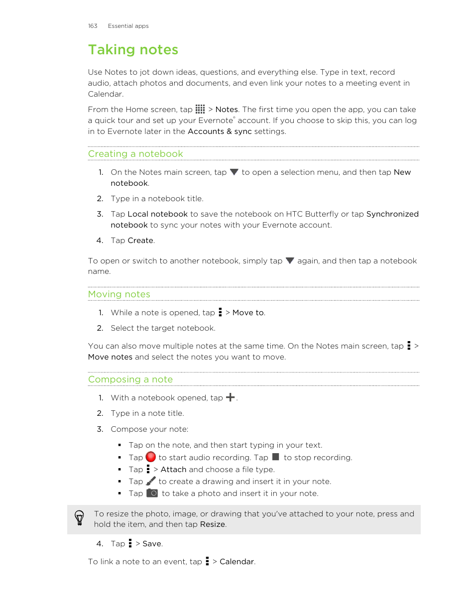 Taking notes, Creating a notebook, Moving notes | Composing a note | HTC Butterfly User Manual | Page 163 / 211