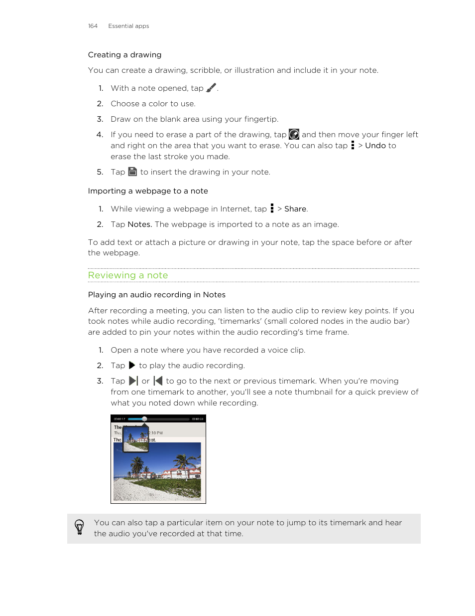 Creating a drawing, Reviewing a note, Playing an audio recording in notes | HTC Butterfly User Manual | Page 164 / 211