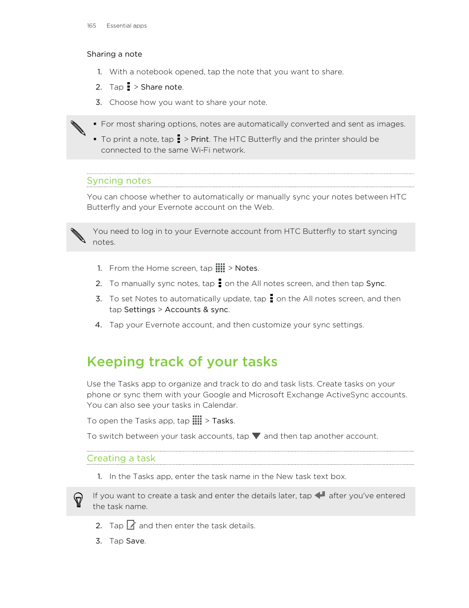Sharing a note, Syncing notes, Keeping track of your tasks | Creating a task | HTC Butterfly User Manual | Page 165 / 211
