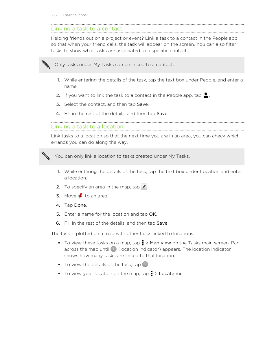 Linking a task to a contact, Linking a task to a location | HTC Butterfly User Manual | Page 166 / 211