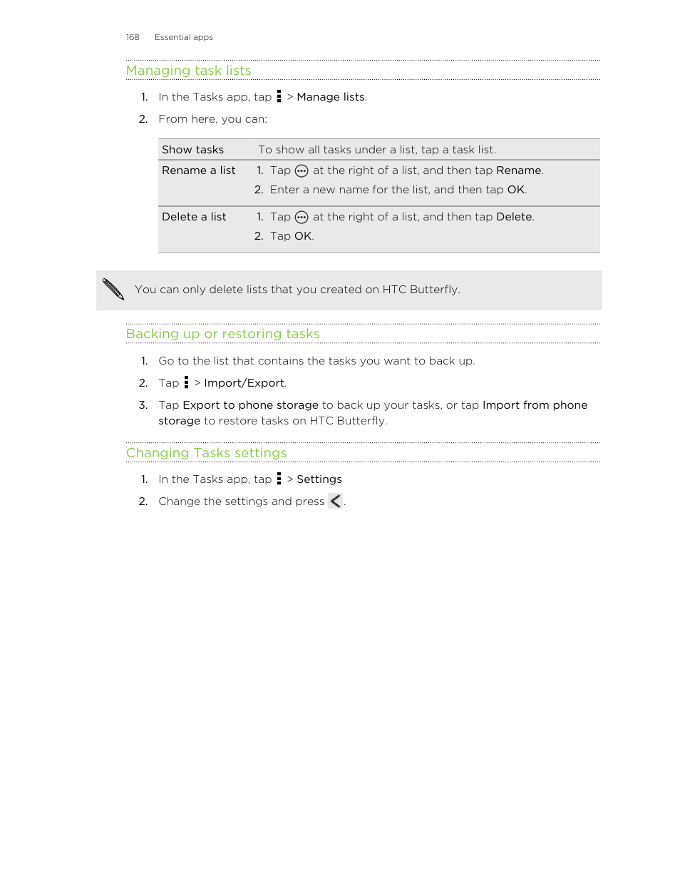 Managing task lists, Backing up or restoring tasks, Changing tasks settings | HTC Butterfly User Manual | Page 168 / 211