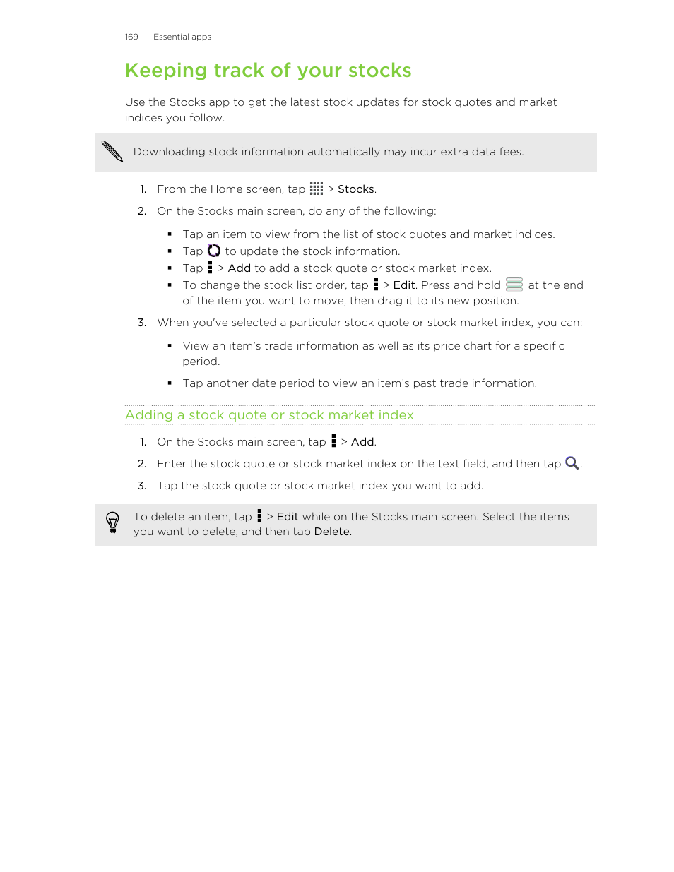 Keeping track of your stocks, Adding a stock quote or stock market index | HTC Butterfly User Manual | Page 169 / 211