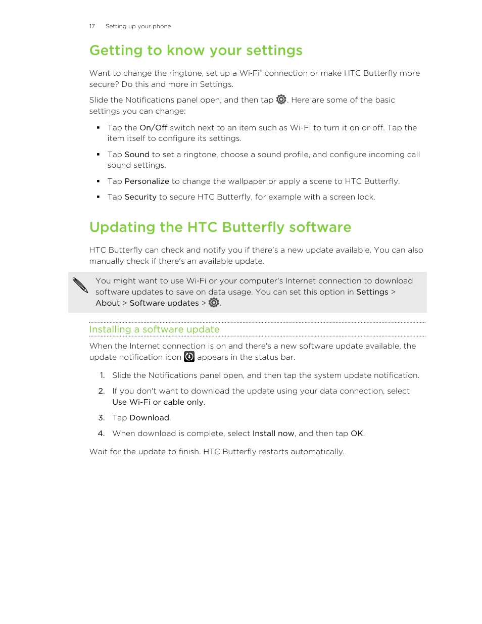 Getting to know your settings, Updating the htc butterfly software, Installing a software update | HTC Butterfly User Manual | Page 17 / 211