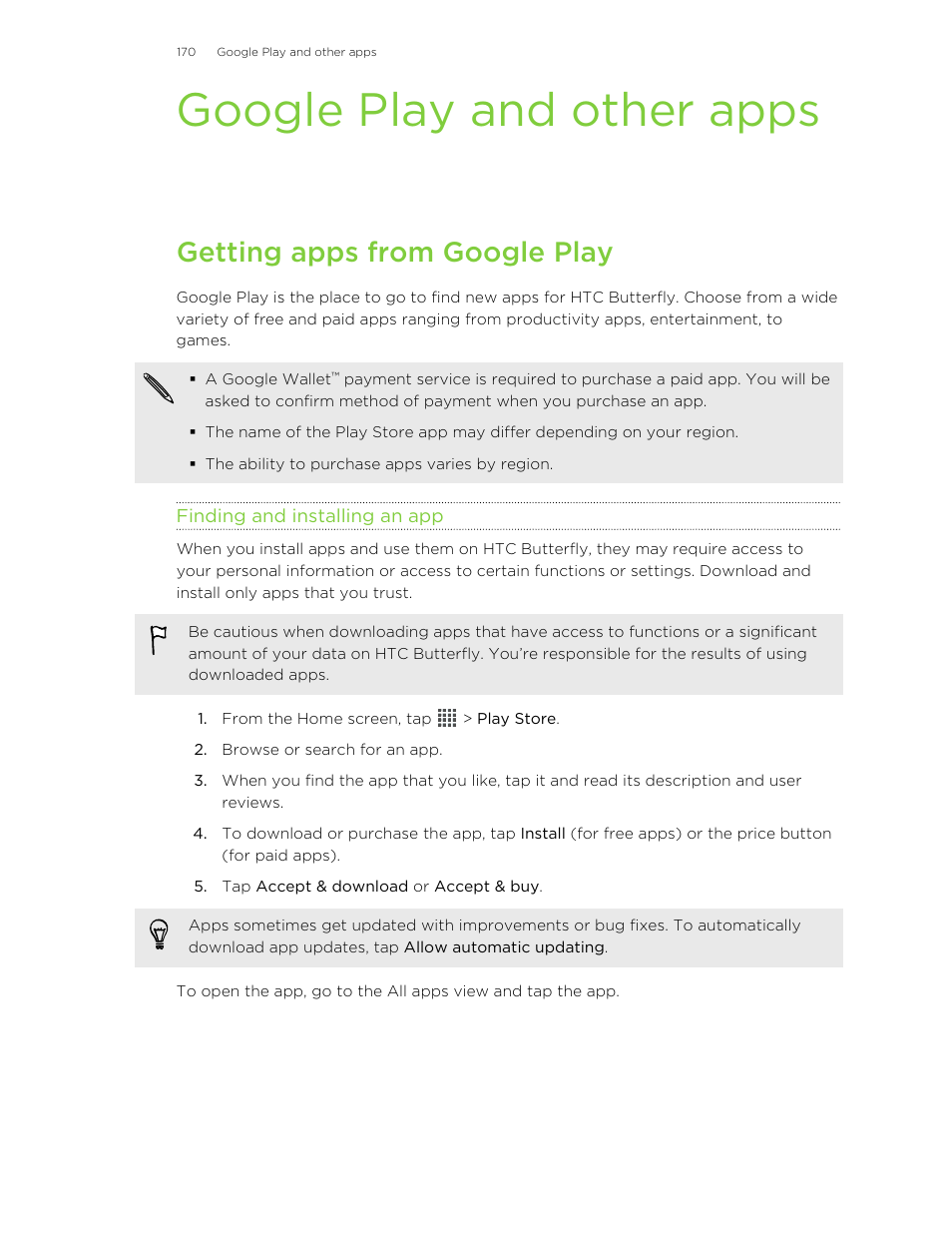 Google play and other apps, Getting apps from google play, Finding and installing an app | HTC Butterfly User Manual | Page 170 / 211