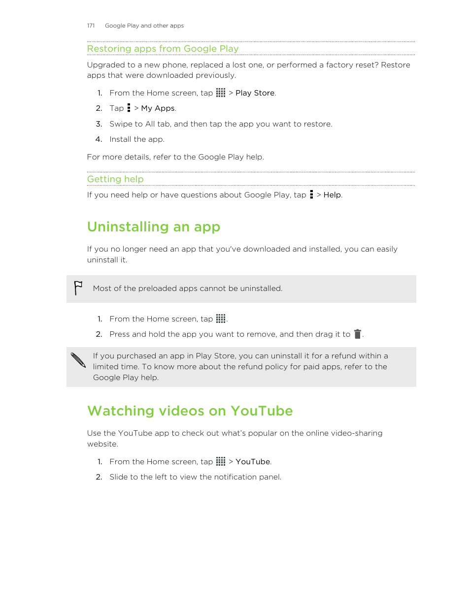 Restoring apps from google play, Getting help, Uninstalling an app | Watching videos on youtube | HTC Butterfly User Manual | Page 171 / 211