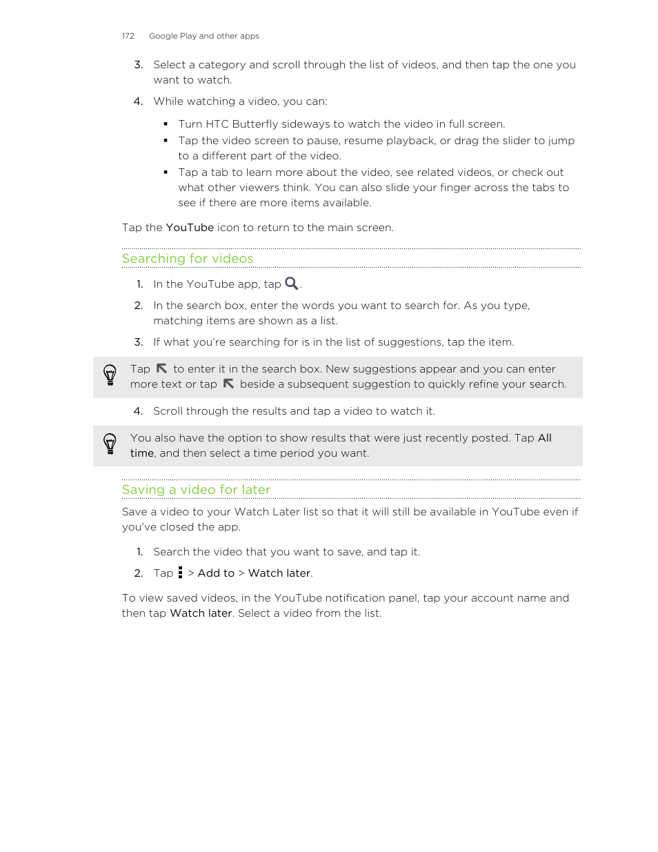 Searching for videos, Saving a video for later | HTC Butterfly User Manual | Page 172 / 211
