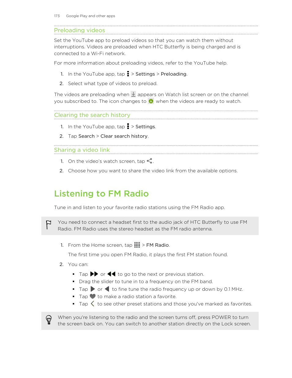 Preloading videos, Clearing the search history, Sharing a video link | Listening to fm radio | HTC Butterfly User Manual | Page 173 / 211