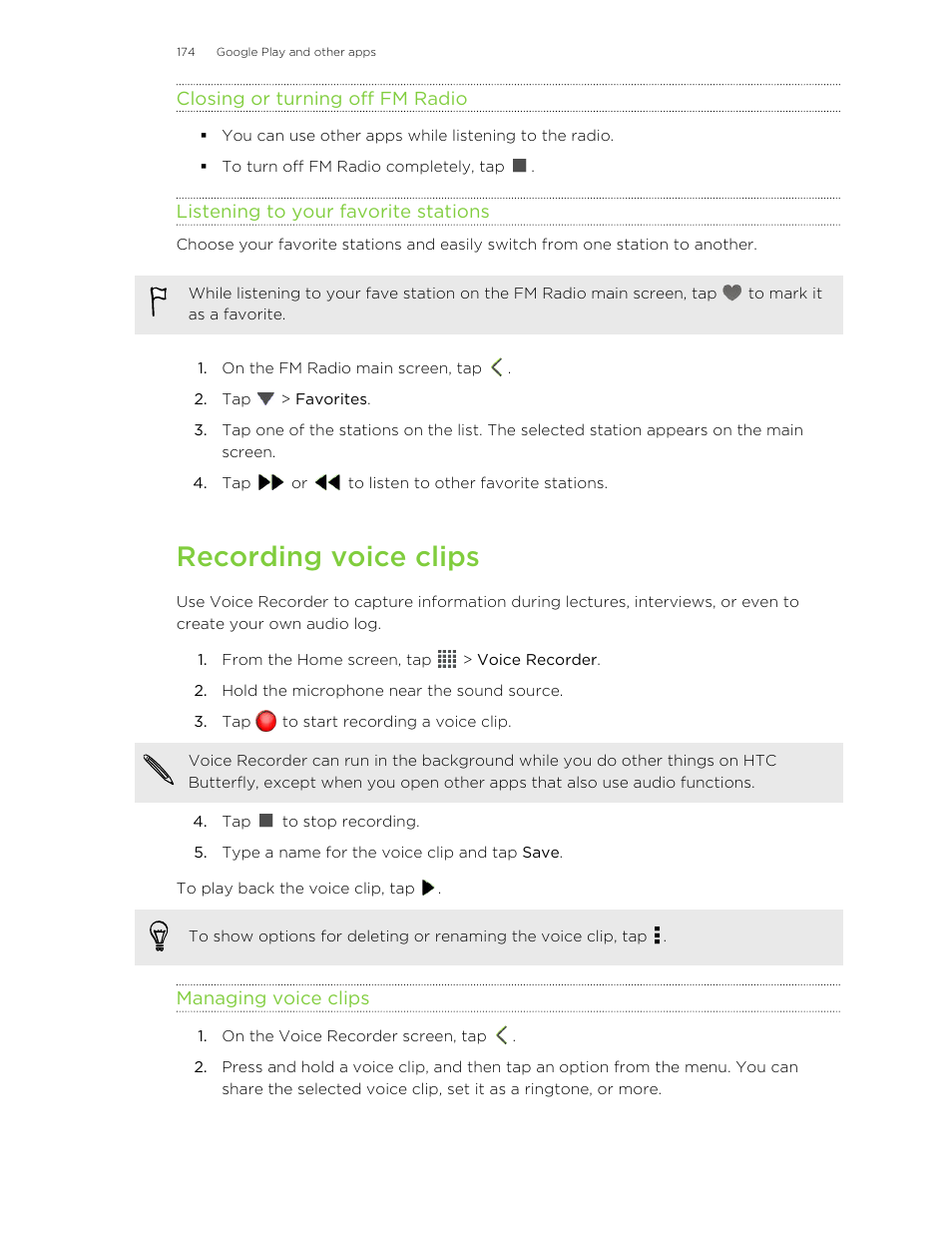 Closing or turning off fm radio, Listening to your favorite stations, Recording voice clips | Managing voice clips | HTC Butterfly User Manual | Page 174 / 211