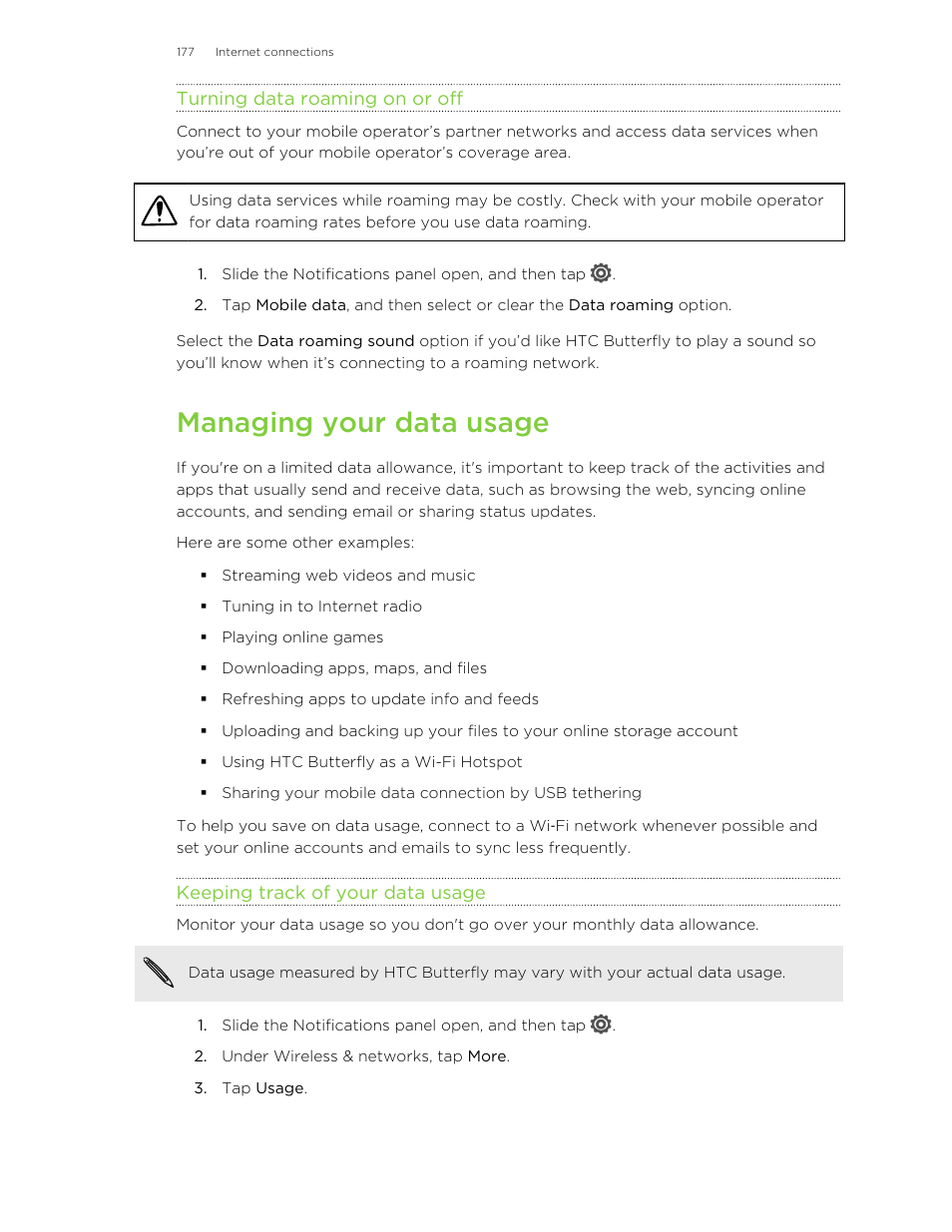 Turning data roaming on or off, Managing your data usage, Keeping track of your data usage | HTC Butterfly User Manual | Page 177 / 211