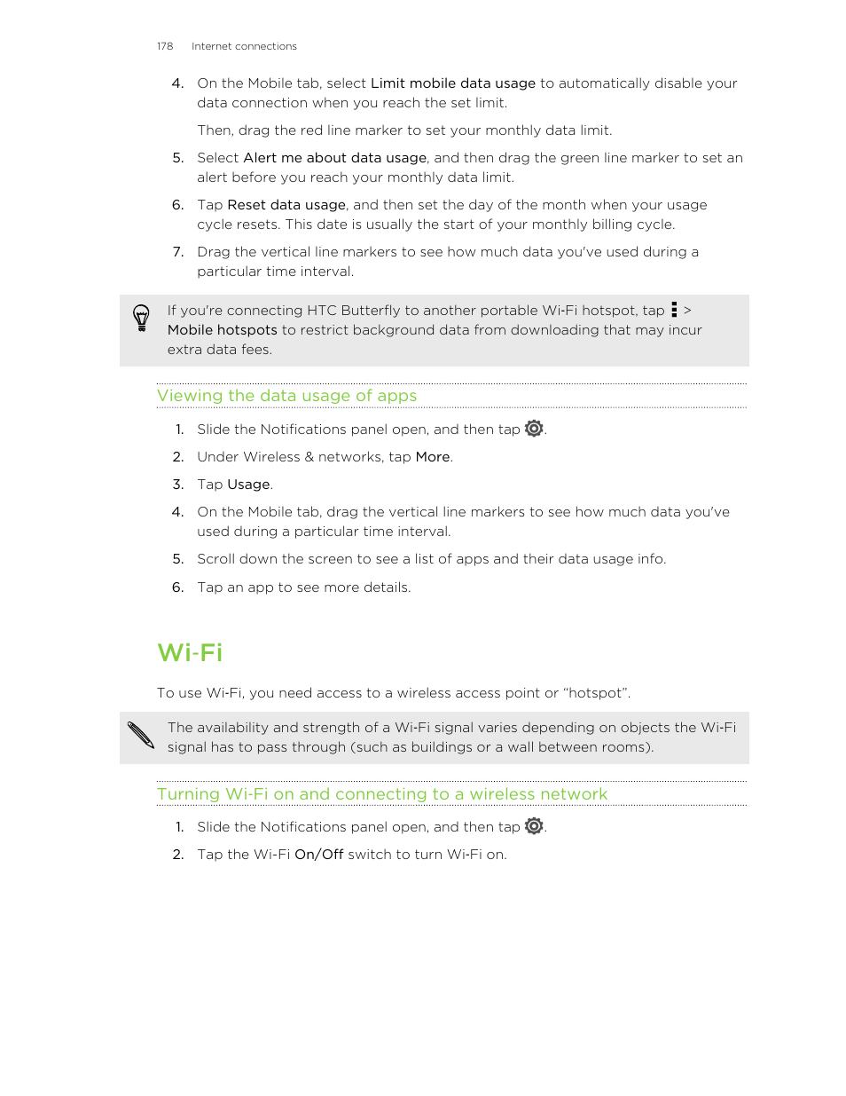 Viewing the data usage of apps, Wi‑fi, Wi ‑fi | HTC Butterfly User Manual | Page 178 / 211
