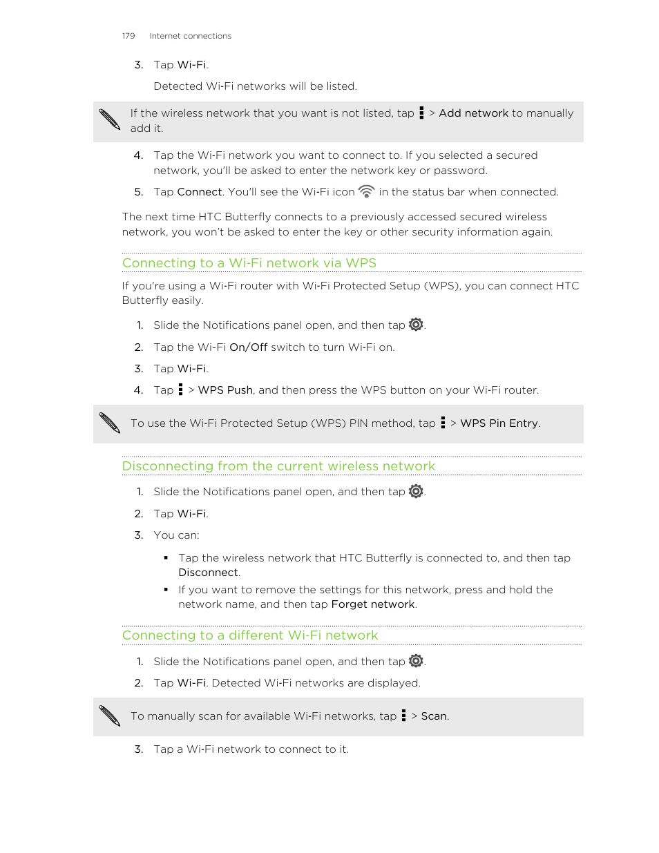 Connecting to a wi‑fi network via wps, Disconnecting from the current wireless network, Connecting to a different wi‑fi network | HTC Butterfly User Manual | Page 179 / 211