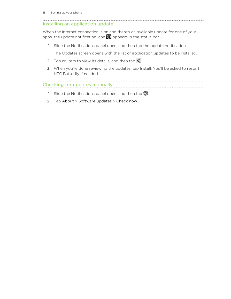 Installing an application update, Checking for updates manually | HTC Butterfly User Manual | Page 18 / 211