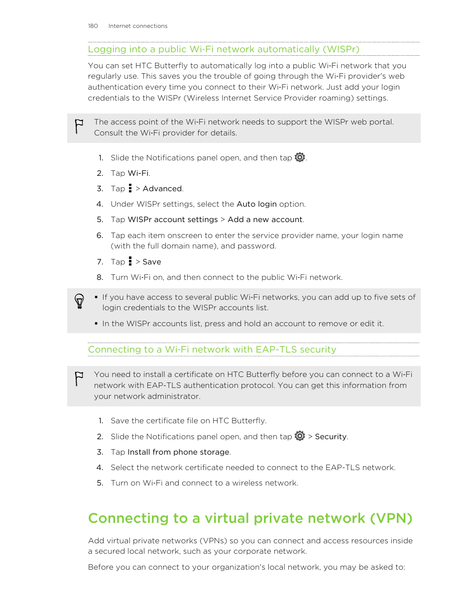 Connecting to a virtual private network (vpn) | HTC Butterfly User Manual | Page 180 / 211