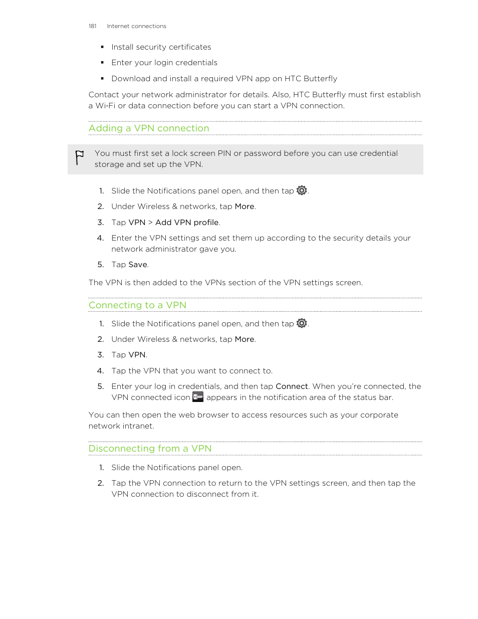 Adding a vpn connection, Connecting to a vpn, Disconnecting from a vpn | HTC Butterfly User Manual | Page 181 / 211