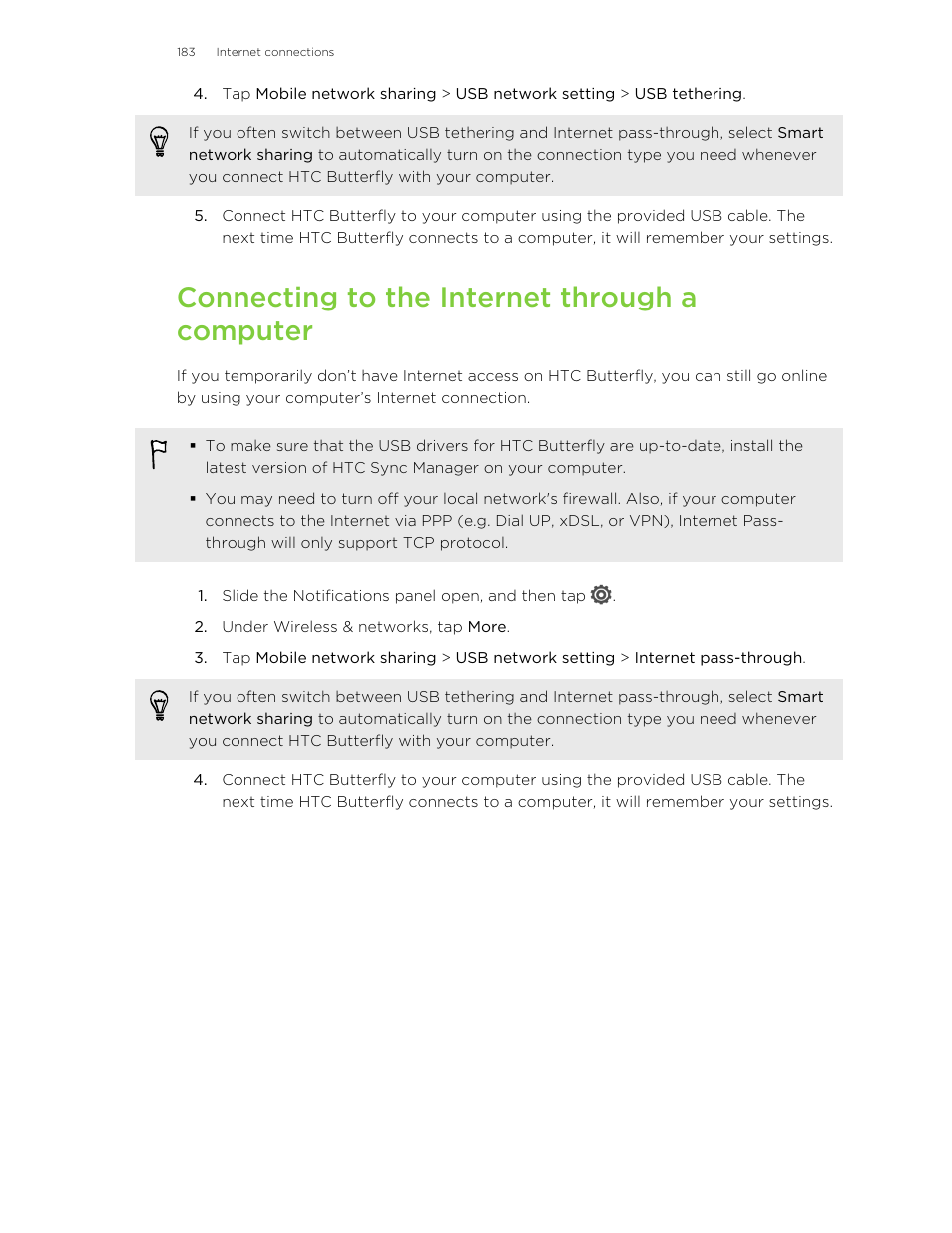 Connecting to the internet through a computer | HTC Butterfly User Manual | Page 183 / 211