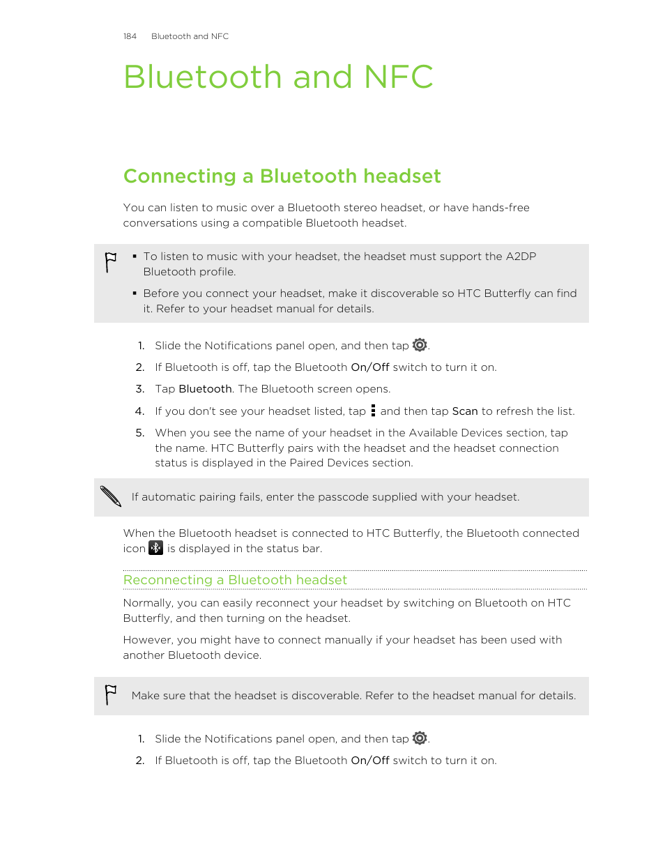 Bluetooth and nfc, Connecting a bluetooth headset, Reconnecting a bluetooth headset | HTC Butterfly User Manual | Page 184 / 211