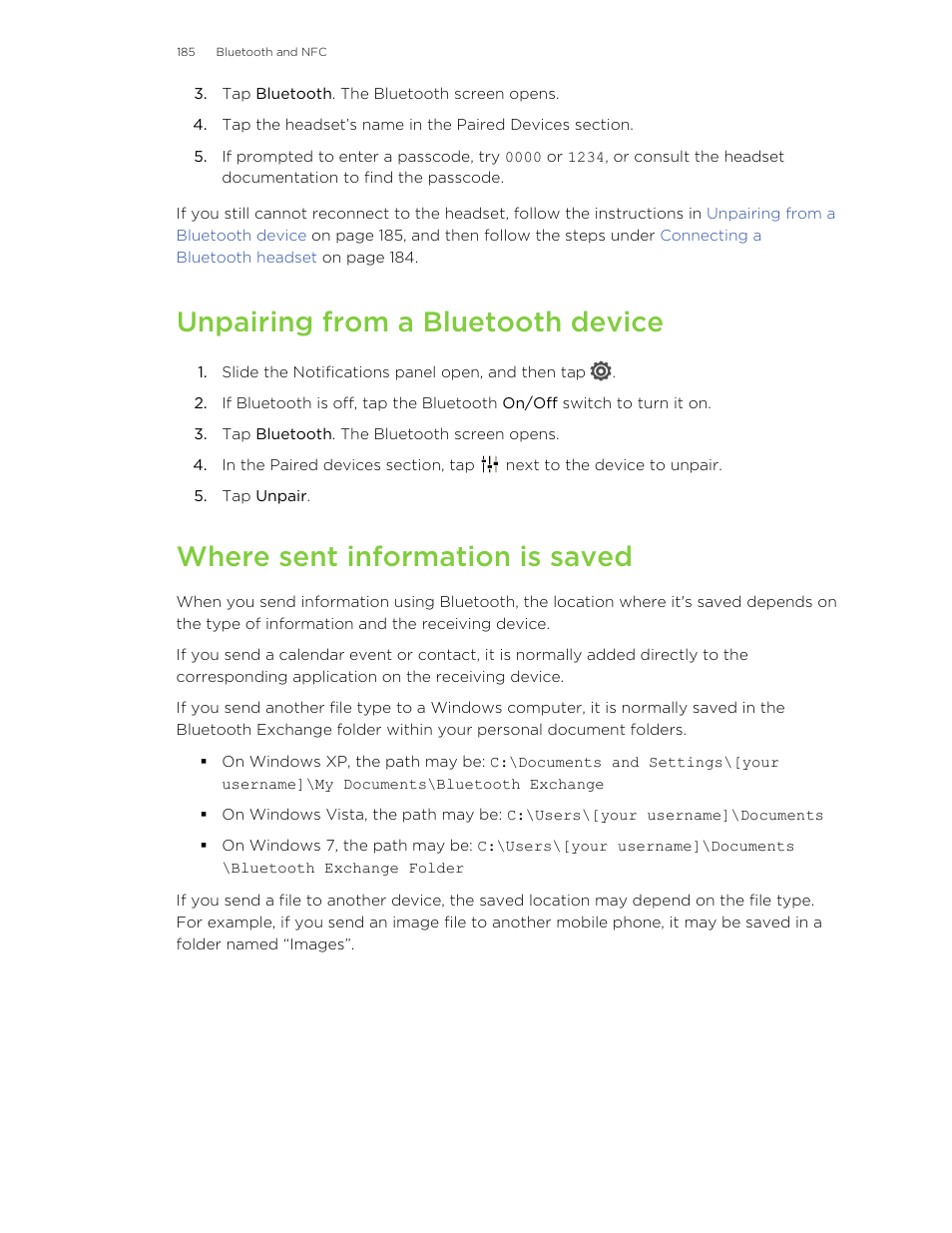 Unpairing from a bluetooth device, Where sent information is saved | HTC Butterfly User Manual | Page 185 / 211