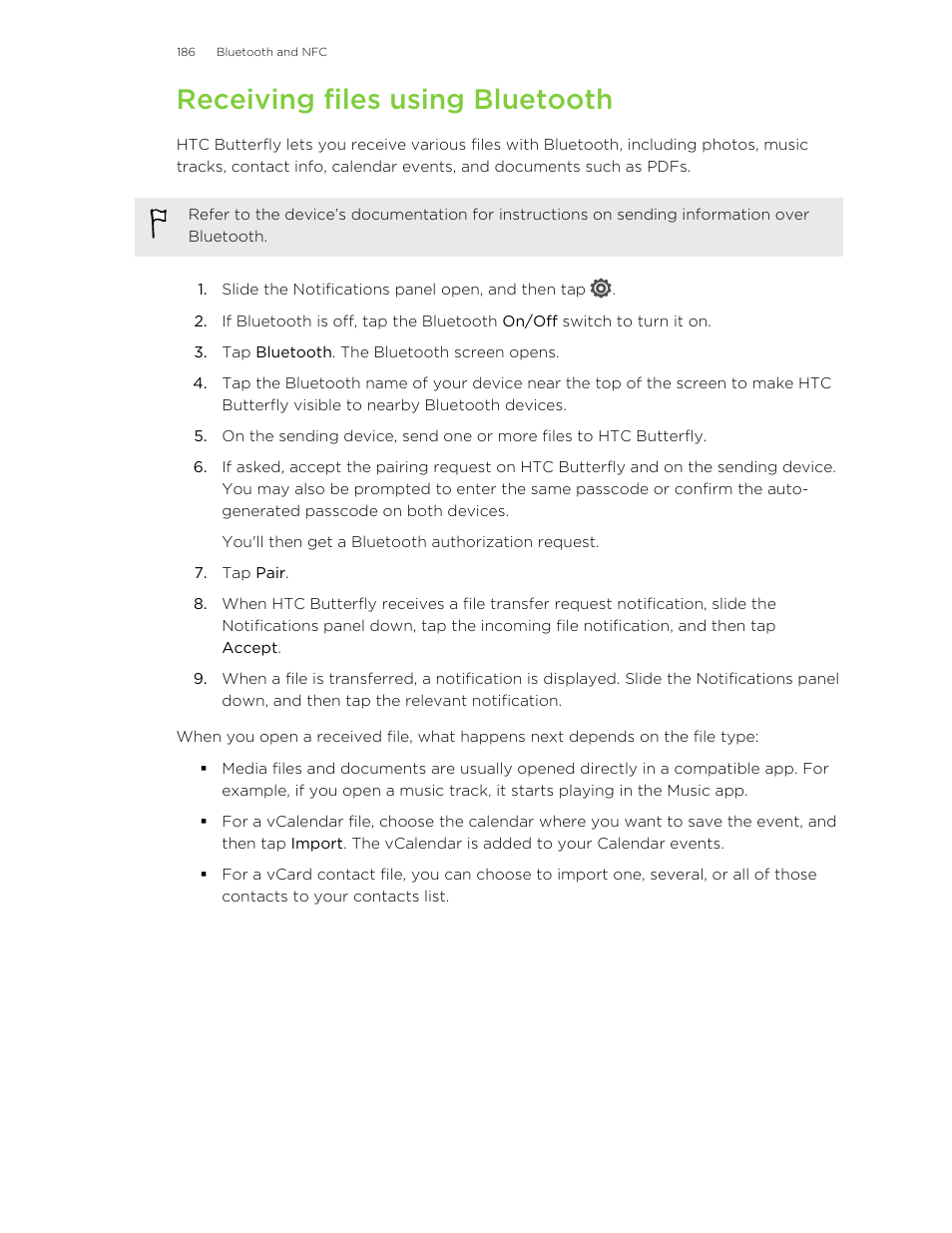 Receiving files using bluetooth | HTC Butterfly User Manual | Page 186 / 211