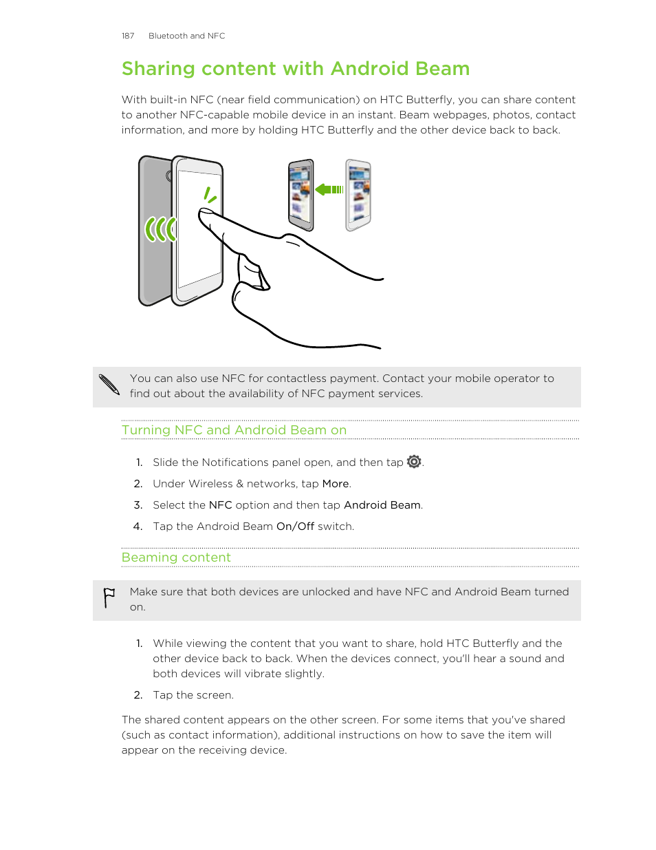 Sharing content with android beam, Turning nfc and android beam on, Beaming content | HTC Butterfly User Manual | Page 187 / 211