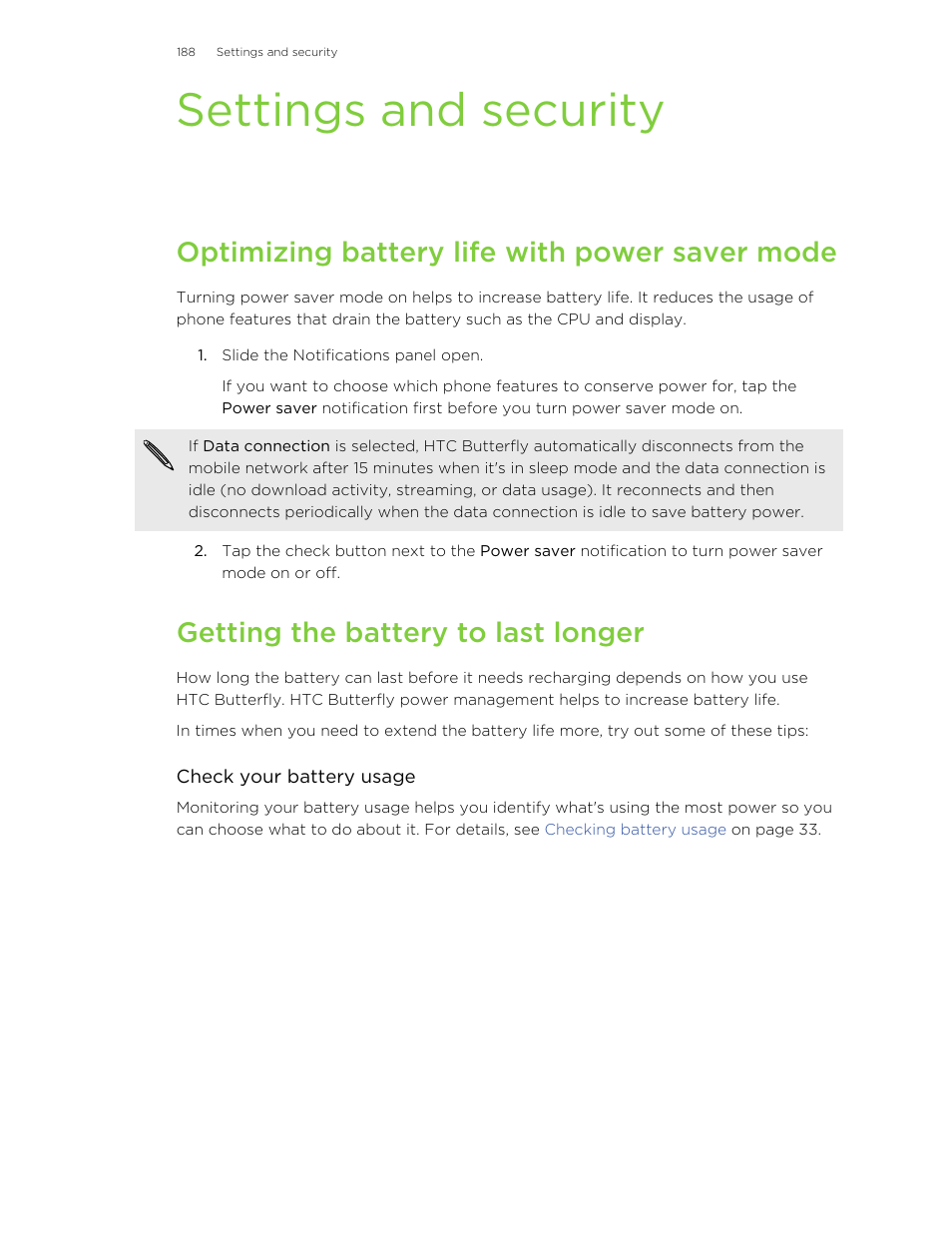 Settings and security, Optimizing battery life with power saver mode, Getting the battery to last longer | HTC Butterfly User Manual | Page 188 / 211