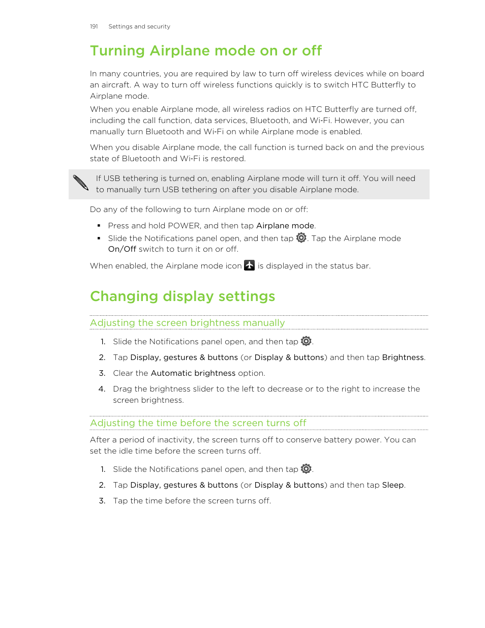 Turning airplane mode on or off, Changing display settings, Adjusting the screen brightness manually | Adjusting the time before the screen turns off | HTC Butterfly User Manual | Page 191 / 211