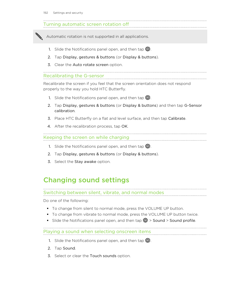 Turning automatic screen rotation off, Recalibrating the g-sensor, Keeping the screen on while charging | Changing sound settings, Playing a sound when selecting onscreen items | HTC Butterfly User Manual | Page 192 / 211