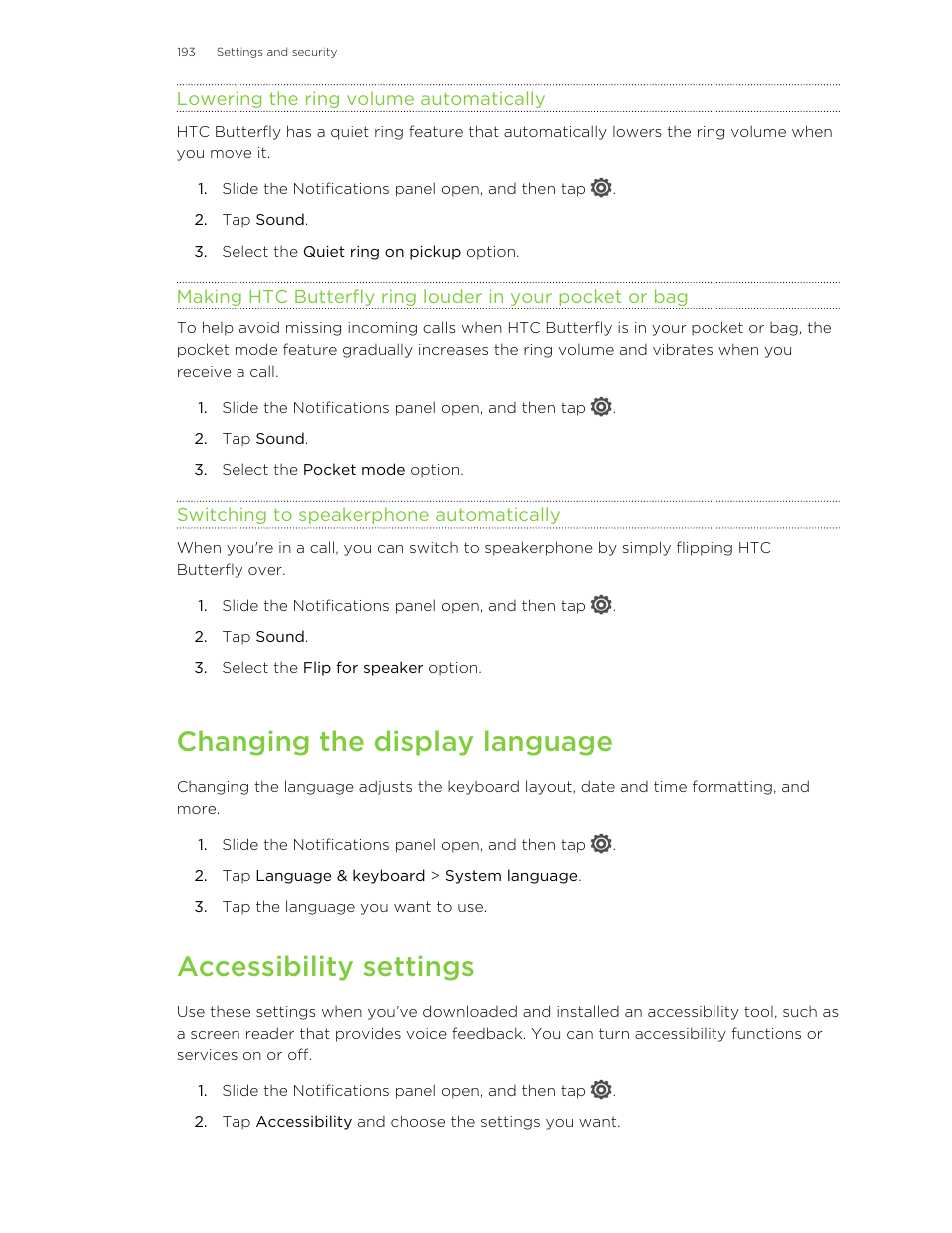 Lowering the ring volume automatically, Switching to speakerphone automatically, Changing the display language | Accessibility settings | HTC Butterfly User Manual | Page 193 / 211