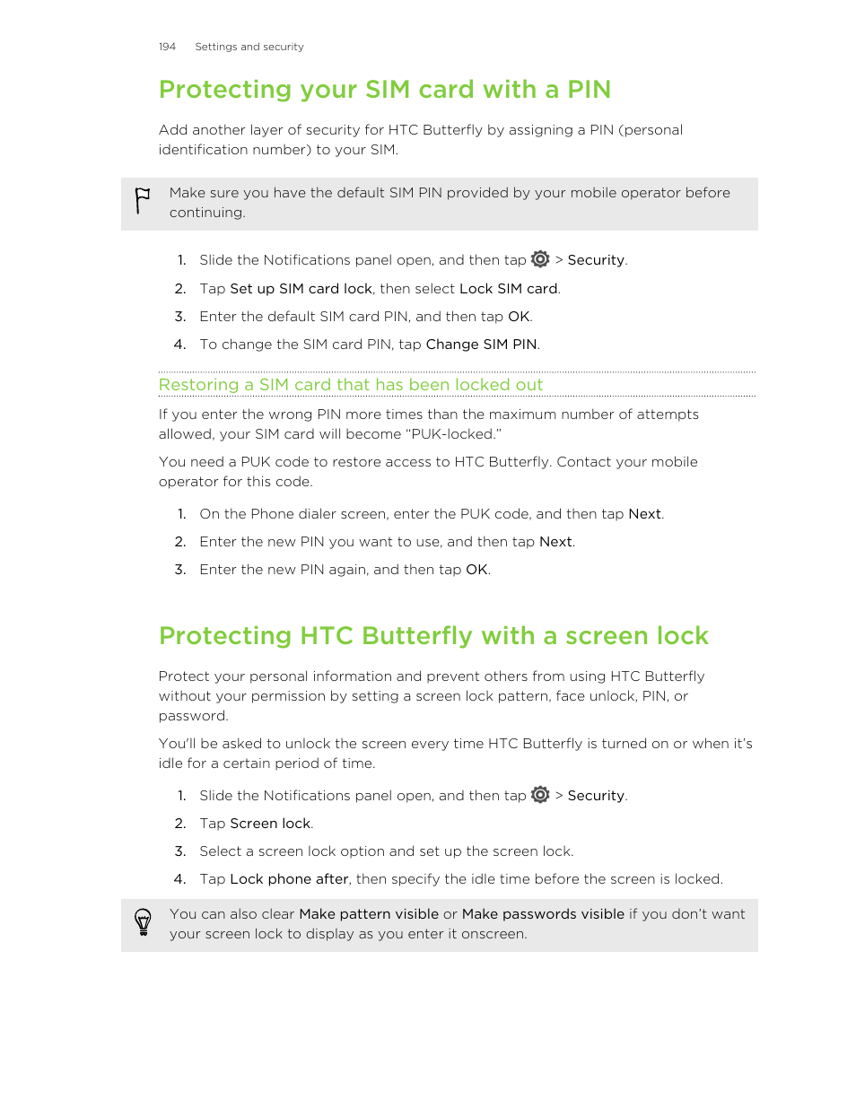 Protecting your sim card with a pin, Restoring a sim card that has been locked out, Protecting htc butterfly with a screen lock | HTC Butterfly User Manual | Page 194 / 211