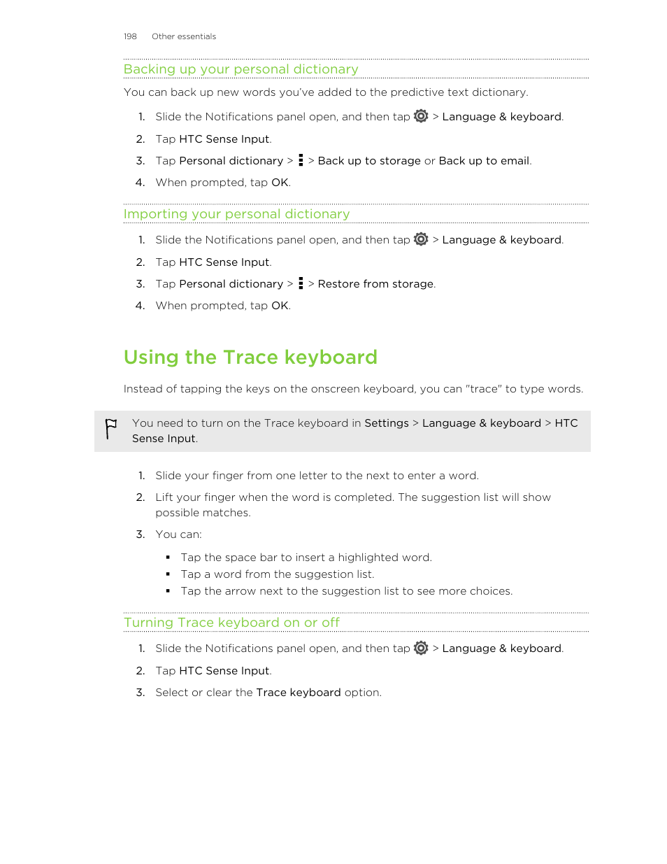 Backing up your personal dictionary, Importing your personal dictionary, Using the trace keyboard | Turning trace keyboard on or off | HTC Butterfly User Manual | Page 198 / 211