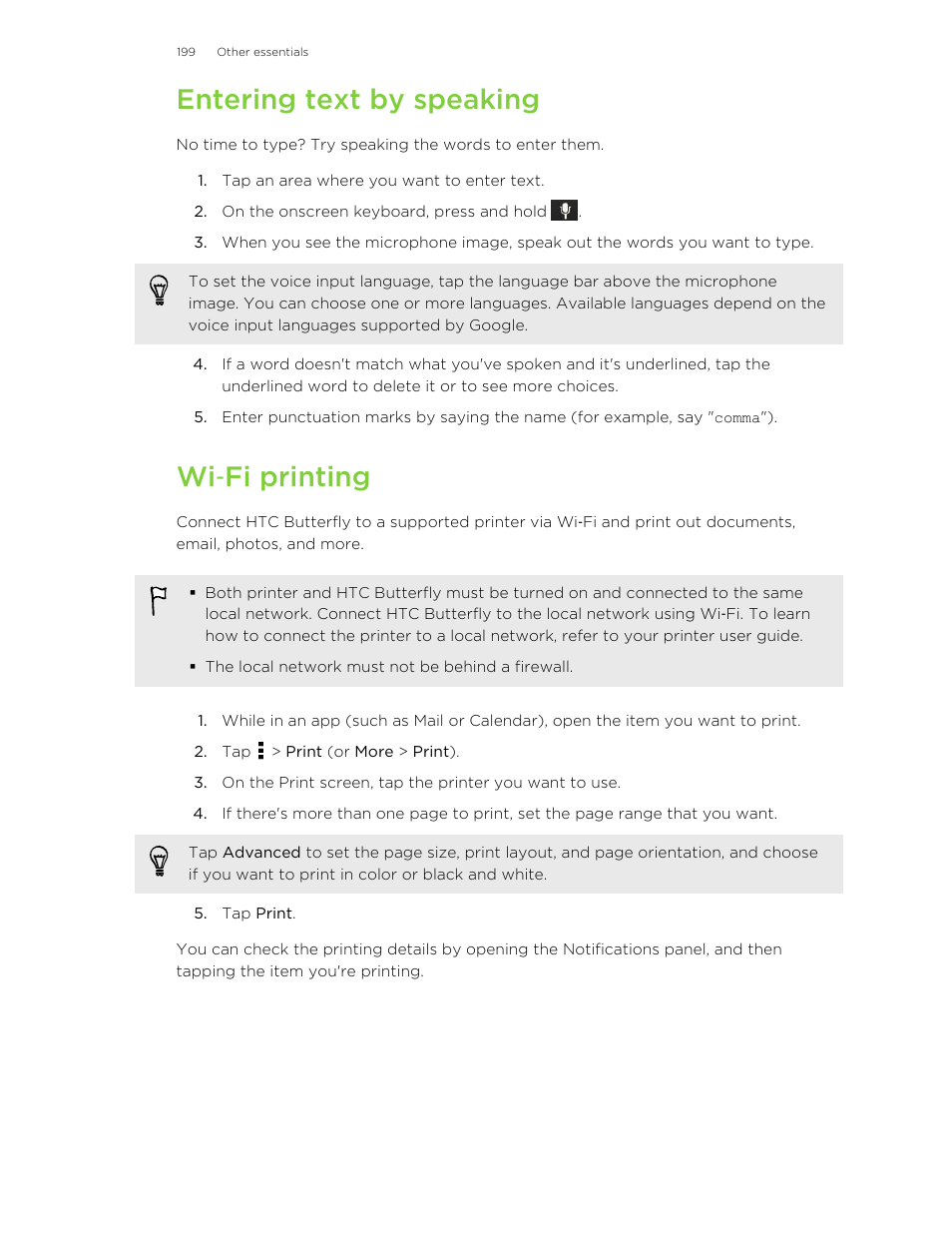 Entering text by speaking, Wi‑fi printing, Fi printing | Wi ‑fi printing | HTC Butterfly User Manual | Page 199 / 211
