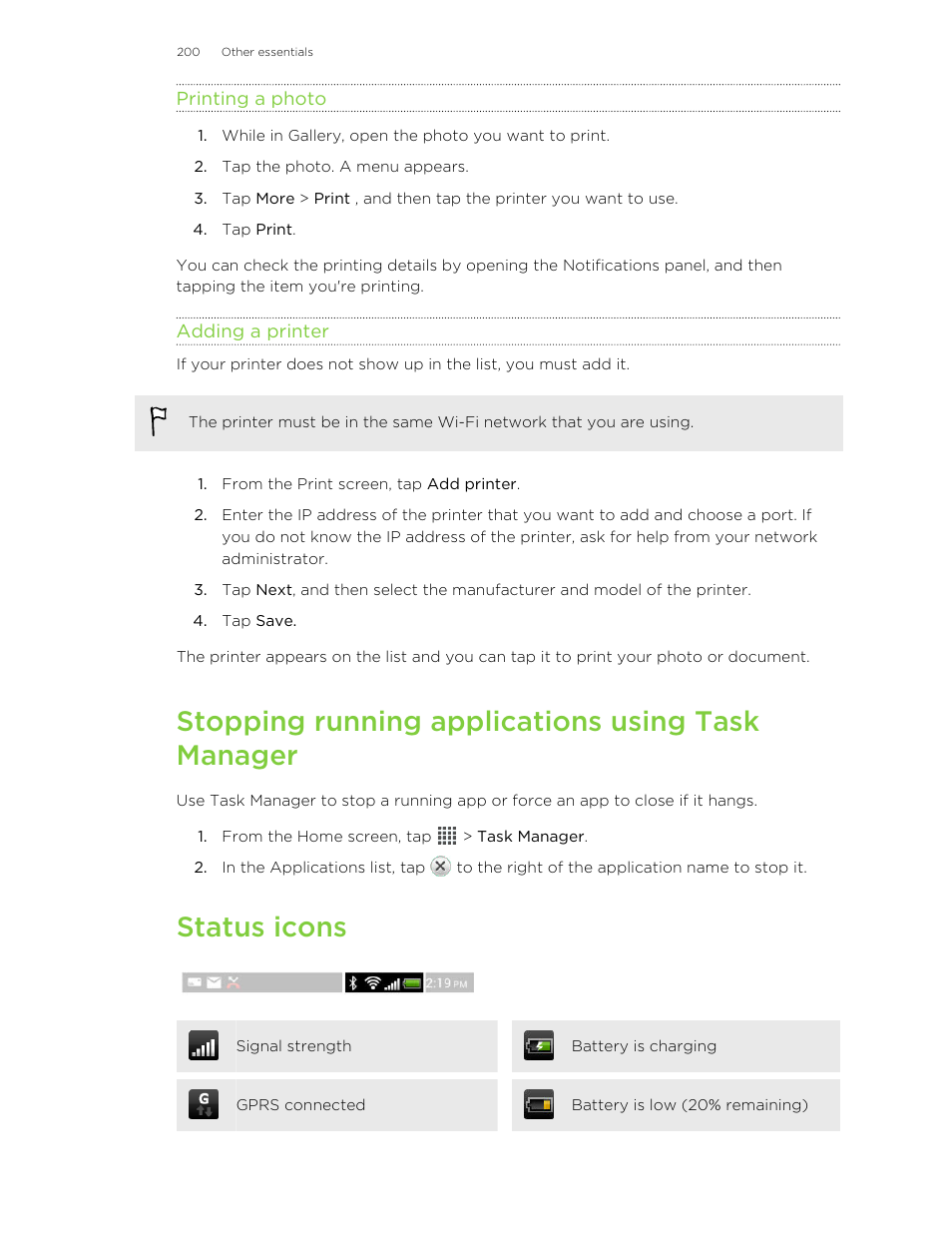 Printing a photo, Adding a printer, Stopping running applications using task manager | Status icons | HTC Butterfly User Manual | Page 200 / 211