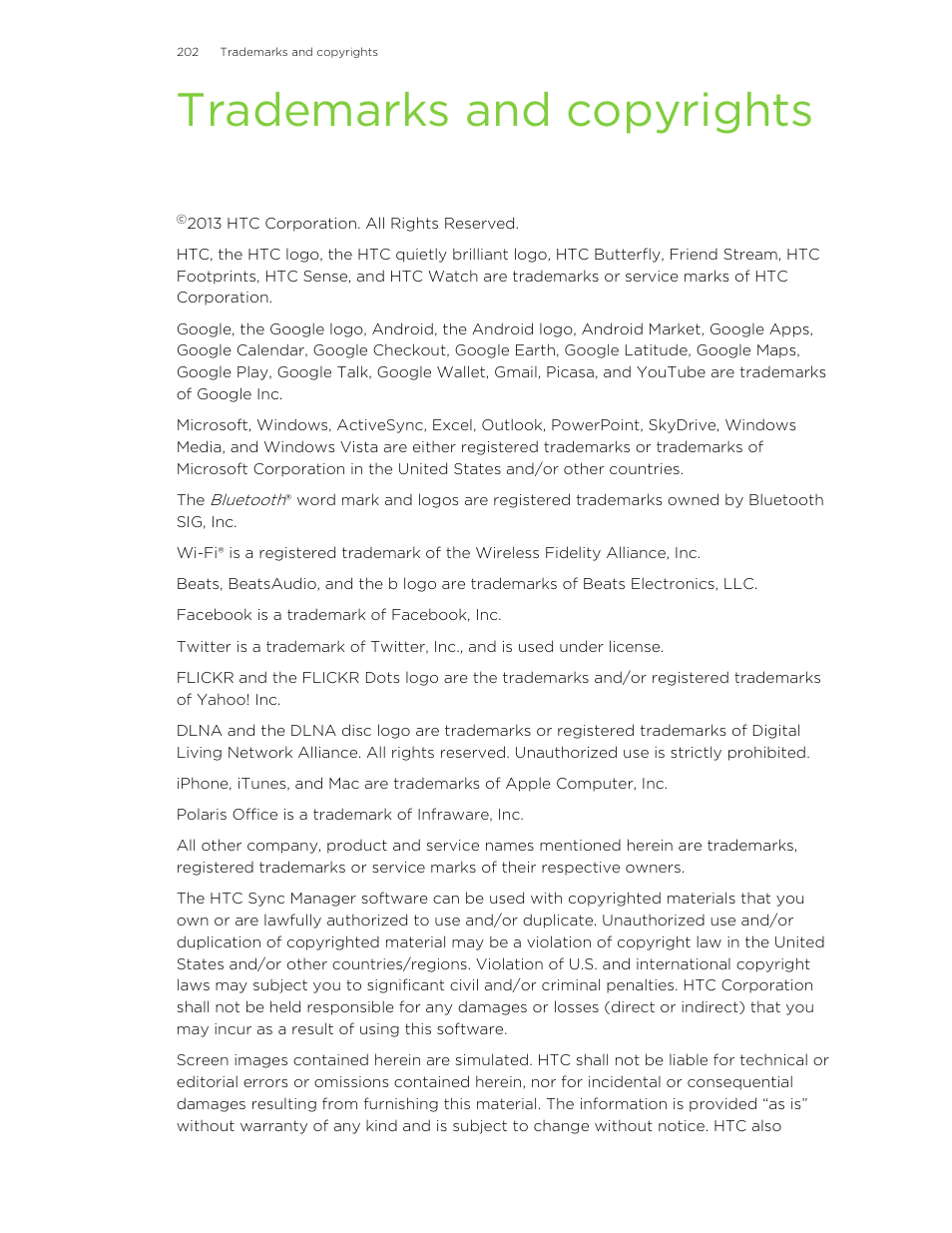 Trademarks and copyrights | HTC Butterfly User Manual | Page 202 / 211