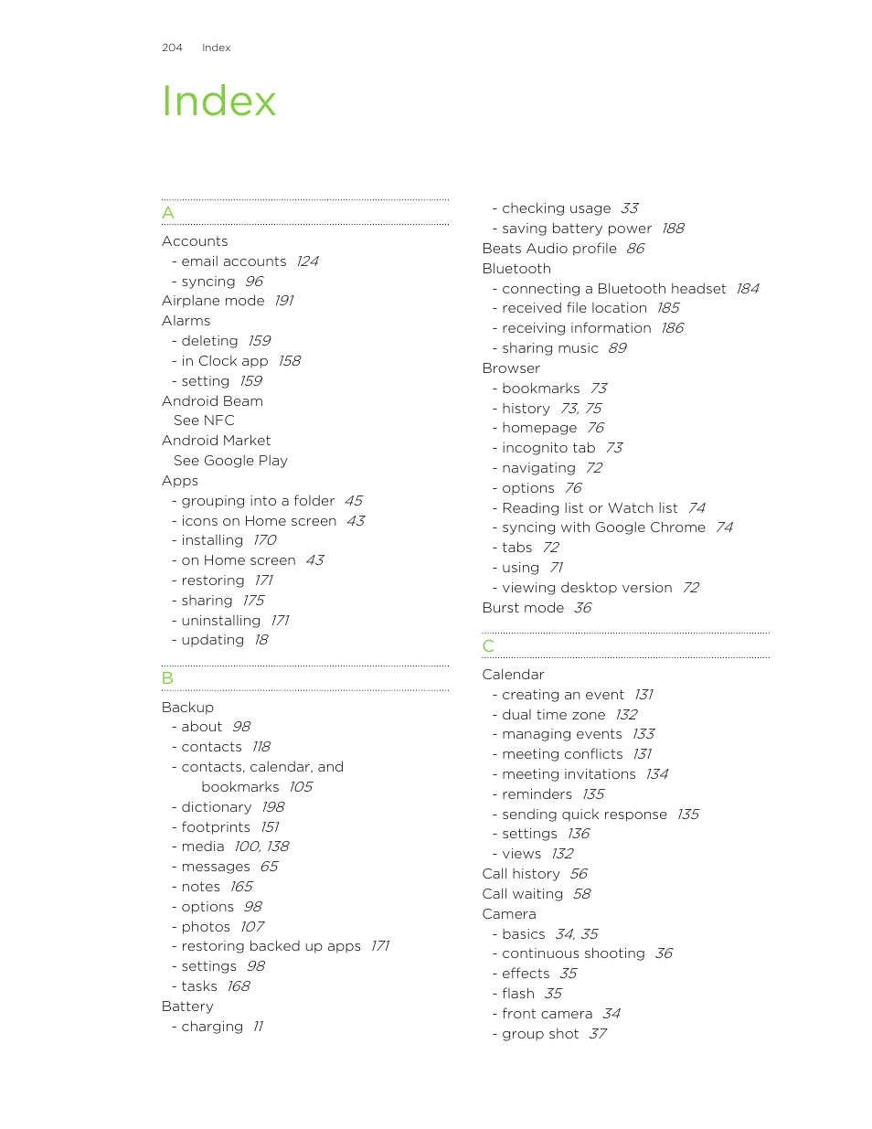 Index | HTC Butterfly User Manual | Page 204 / 211