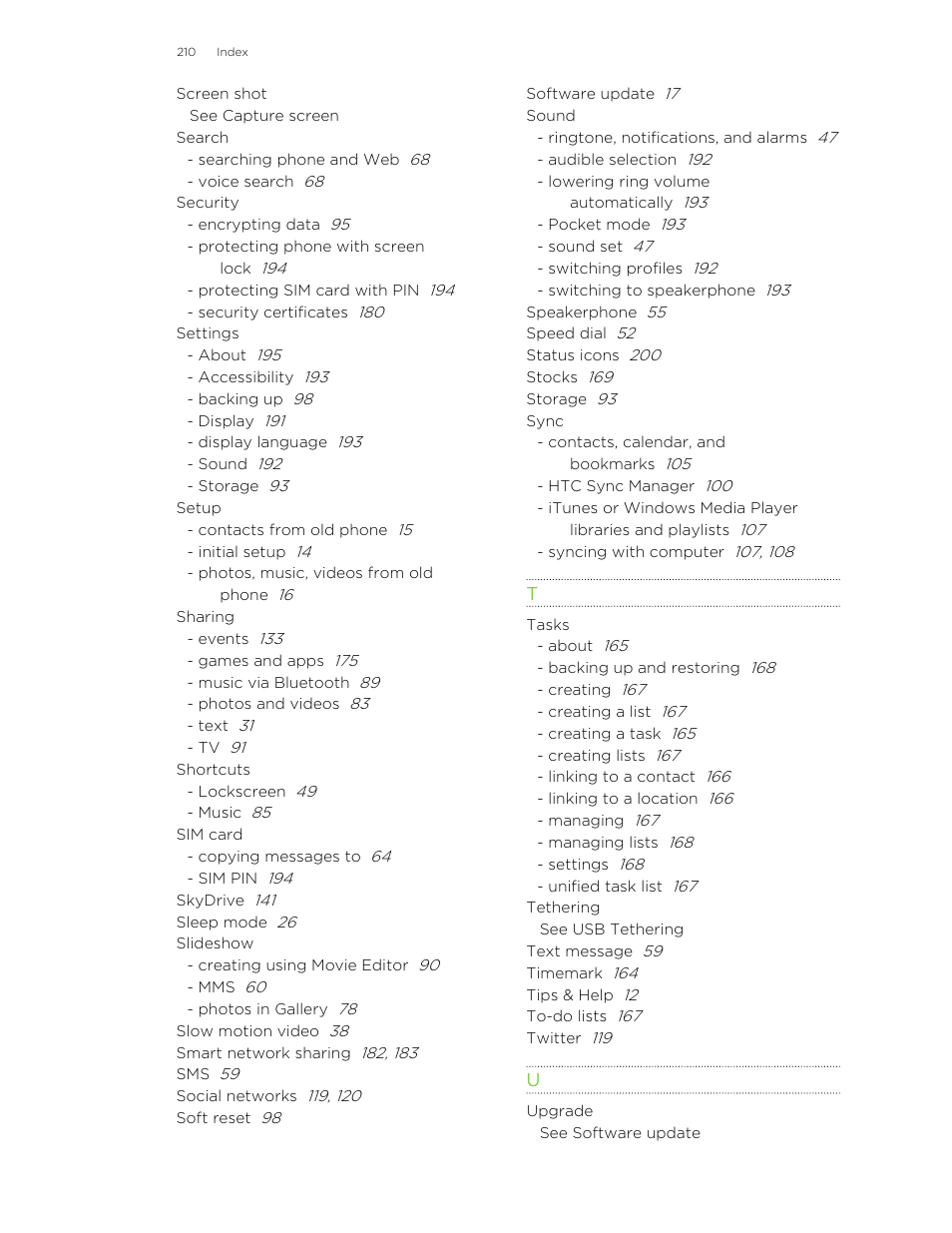 See software update, See status icons, See settings | HTC Butterfly User Manual | Page 210 / 211