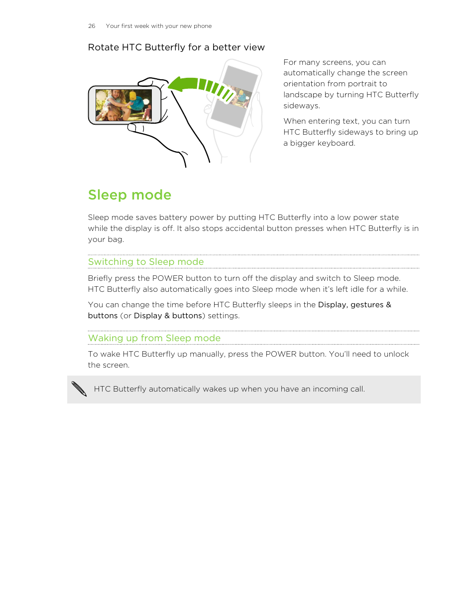 Sleep mode, Switching to sleep mode, Waking up from sleep mode | HTC Butterfly User Manual | Page 26 / 211