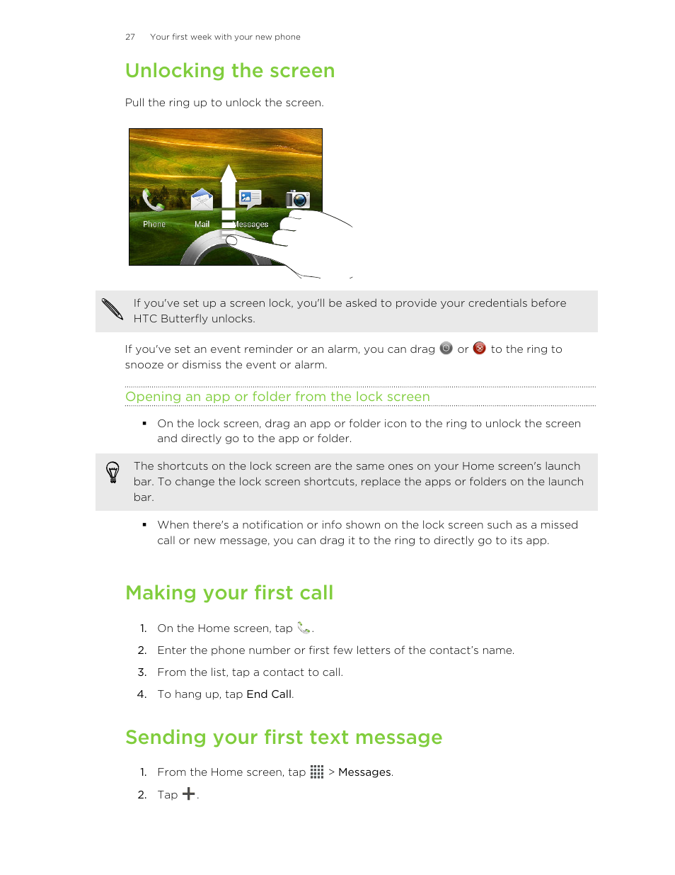 Unlocking the screen, Opening an app or folder from the lock screen, Making your first call | Sending your first text message | HTC Butterfly User Manual | Page 27 / 211