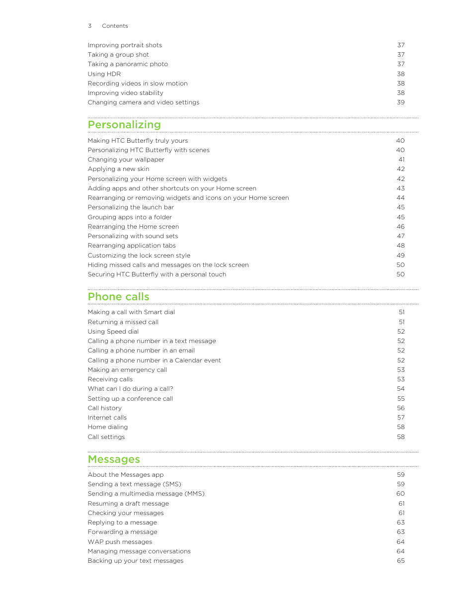 Personalizing, Phone calls, Messages | HTC Butterfly User Manual | Page 3 / 211