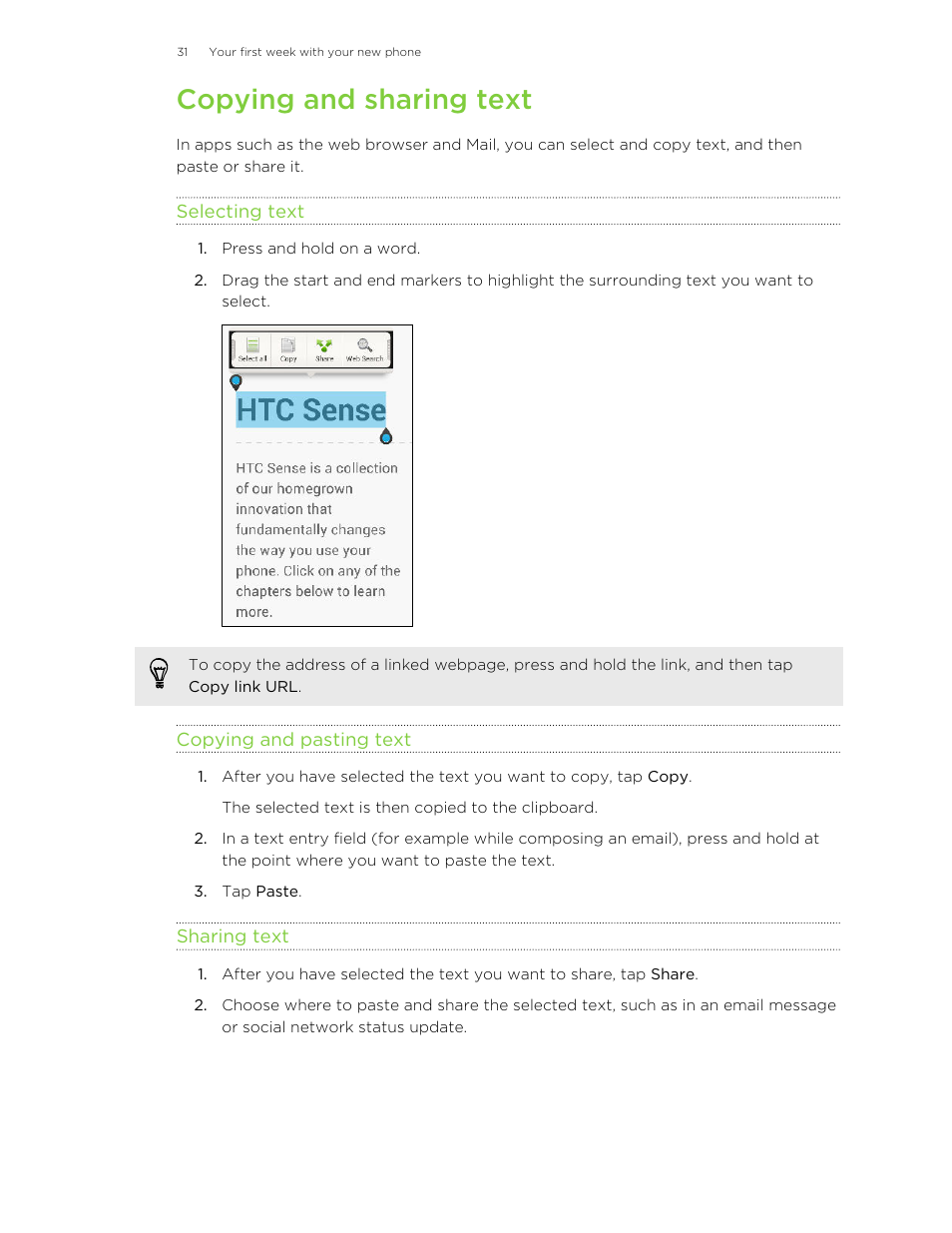 Copying and sharing text, Selecting text, Copying and pasting text | Sharing text | HTC Butterfly User Manual | Page 31 / 211