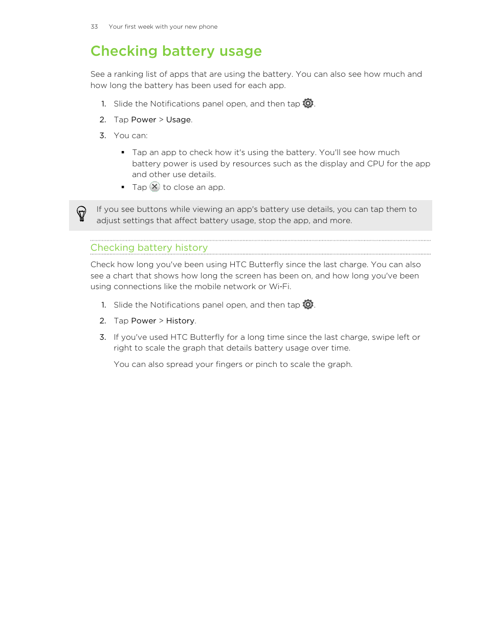 Checking battery usage, Checking battery history | HTC Butterfly User Manual | Page 33 / 211