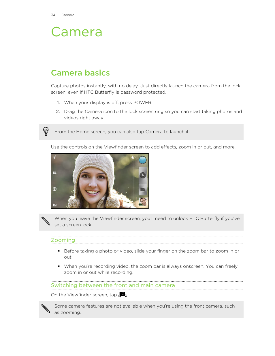Camera, Camera basics, Zooming | Switching between the front and main camera | HTC Butterfly User Manual | Page 34 / 211