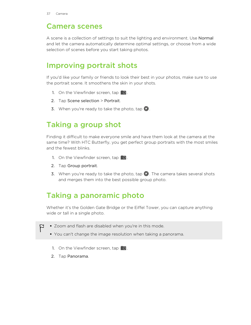 Camera scenes, Improving portrait shots, Taking a group shot | Taking a panoramic photo | HTC Butterfly User Manual | Page 37 / 211