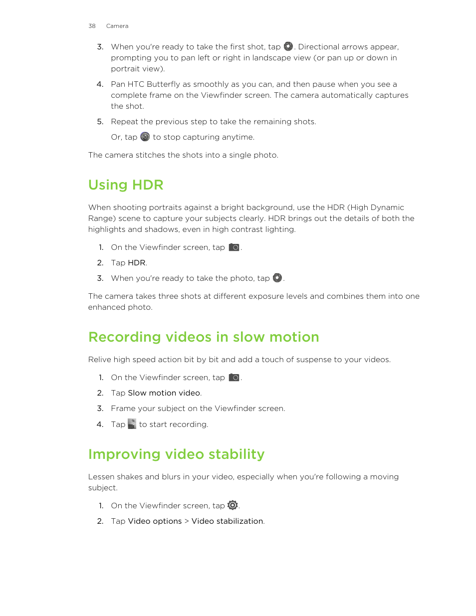 Using hdr, Recording videos in slow motion, Improving video stability | HTC Butterfly User Manual | Page 38 / 211