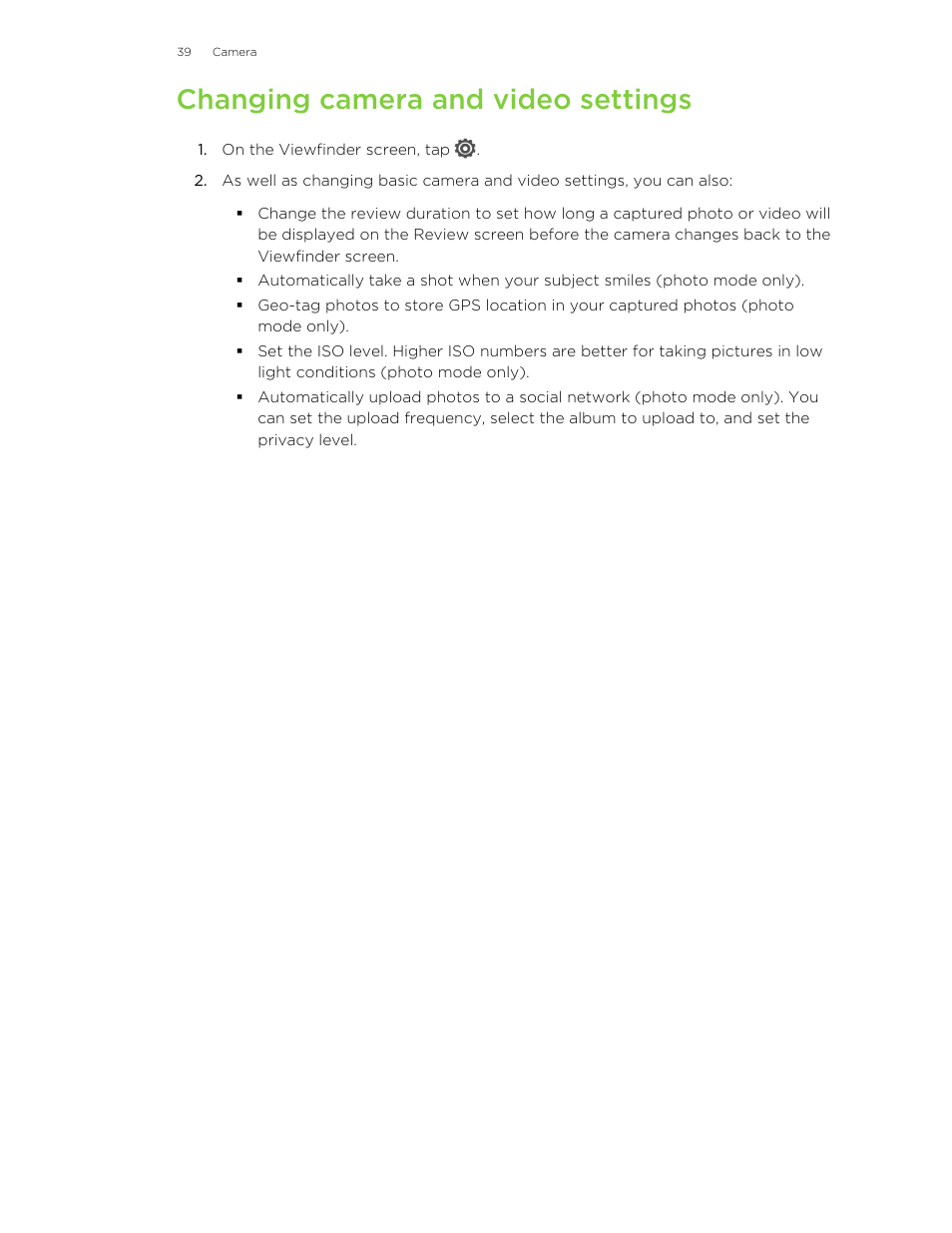 Changing camera and video settings | HTC Butterfly User Manual | Page 39 / 211
