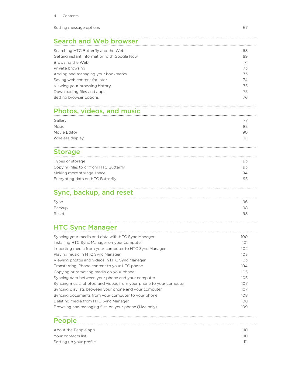 Search and web browser, Photos, videos, and music, Storage | Sync, backup, and reset, Htc sync manager, People | HTC Butterfly User Manual | Page 4 / 211